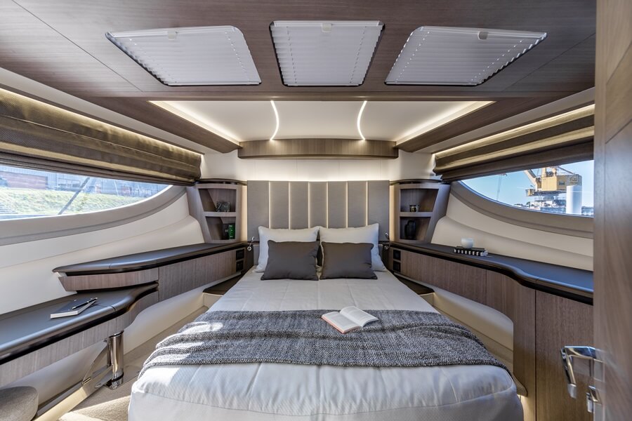 Luxury yacht master bedroom with panoramic windows