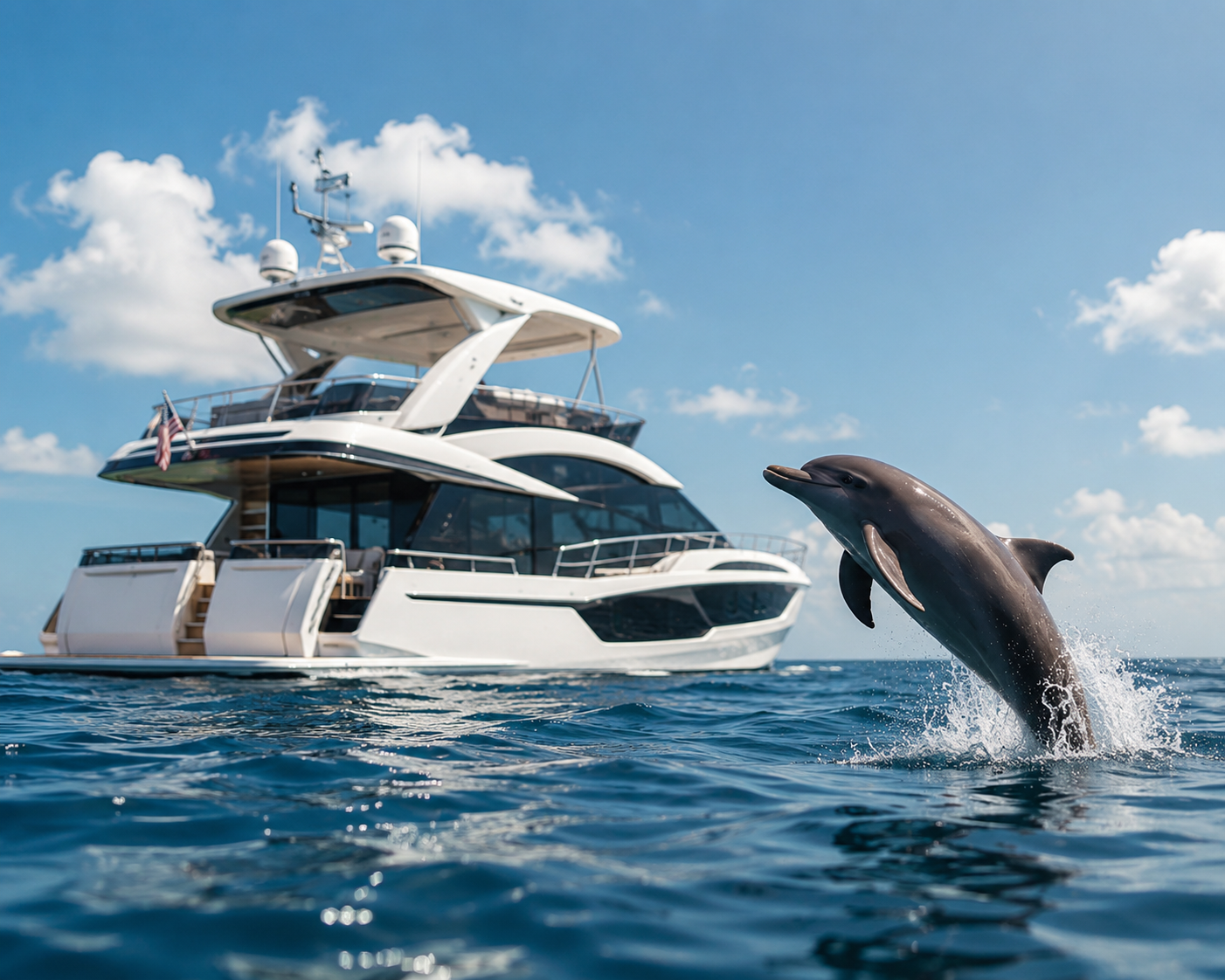 Luxury yacht cruising with dolphin leaping from the water