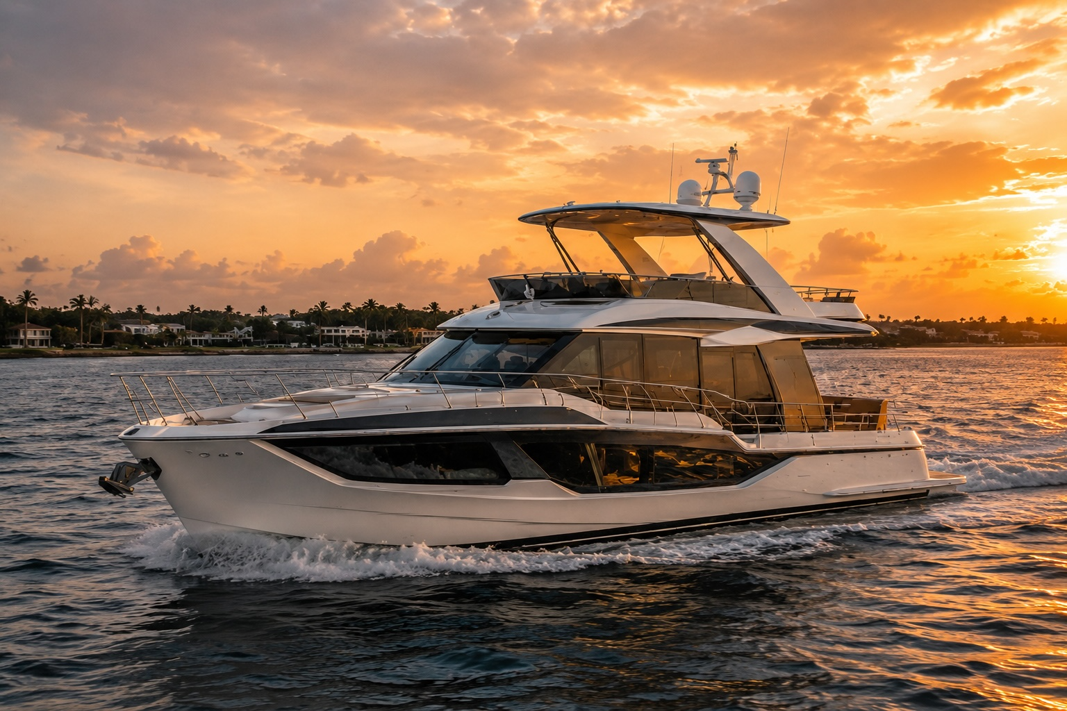 Luxury yacht cruising at golden sunset