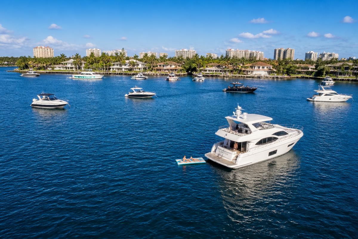 Boats anchored at Lake Boca on a sunny South Florida day